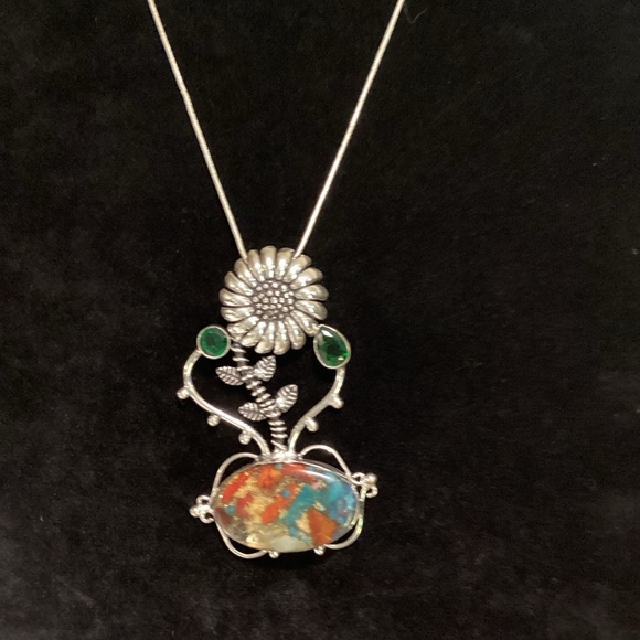 🌻Sunflower Oyster Turquoise-Green Quartz 925 Sliver Stamped Necklace - Picture 3 of 5